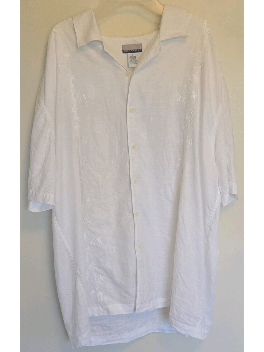 Breakwater Men L White 100% Linen Embroidered Short Sleeve Button-Up Shirt Beach